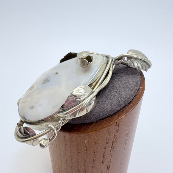 VTG Sterling Silver 925 White Agate Leaf Scroll Design Pendant Size 2.5" Length - Picture 4 of 9